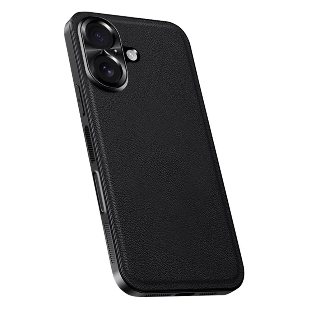 For iPhone 16 Case PU + TPU + PC Phone Back Cover with Metal Lens Frame - Black - 1