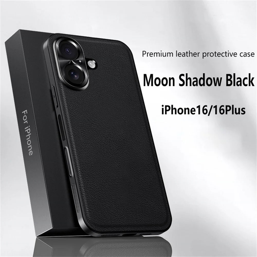 For iPhone 16 Case PU + TPU + PC Phone Back Cover with Metal Lens Frame - Black - 2
