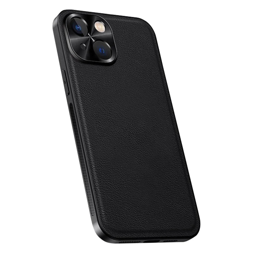 For iPhone 15 Case PU + TPU + PC Phone Back Cover with Metal Lens Frame - Black - 1