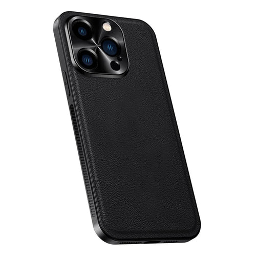 For iPhone 15 Pro Case PU + TPU + PC Phone Back Cover with Metal Lens Frame - Black - 1