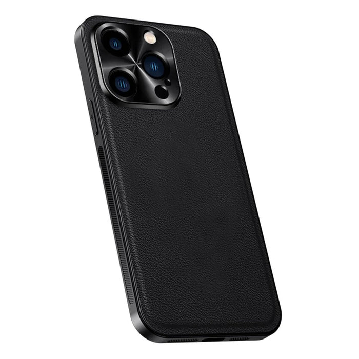 For iPhone 15 Pro Case PU + TPU + PC Phone Back Cover with Metal Lens Frame - Black - 1