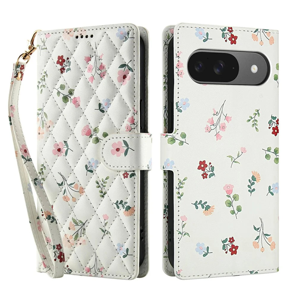 Wallet Case for Google Pixel 10 Pro / 10 / 9 Pro / 9 Rhombic Floral Design Leather Flip Phone Cover with Strap - A1 - 1