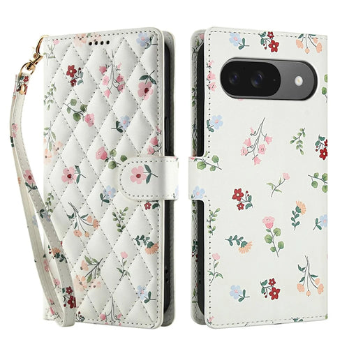 Wallet Case for Google Pixel 10 Pro / 10 / 9 Pro / 9 Rhombic Floral Design Leather Flip Phone Cover with Strap - A1 - 1