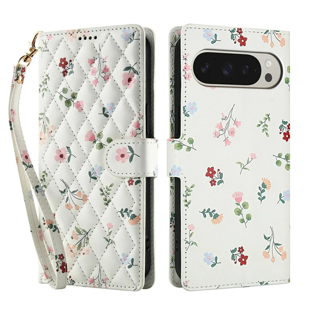For Google Pixel 10 Pro XL  / 9 Pro XL Wallet Case Rhombic Floral Design Leather Flip Phone Cover with Strap - A1 - 1
