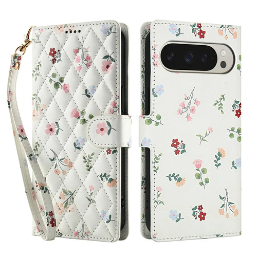 For Google Pixel 10 Pro XL  / 9 Pro XL Wallet Case Rhombic Floral Design Leather Flip Phone Cover with Strap - A1 - 1