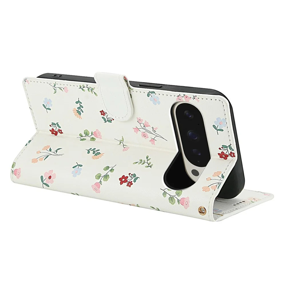 For Google Pixel 10 Pro XL  / 9 Pro XL Wallet Case Rhombic Floral Design Leather Flip Phone Cover with Strap - A1 - 3