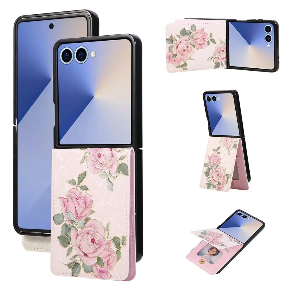 For Samsung Galaxy Z Flip7 5G Case Flower Leather PC RFID Blocking Phone Cover Card Slots - Rose Flower - 1