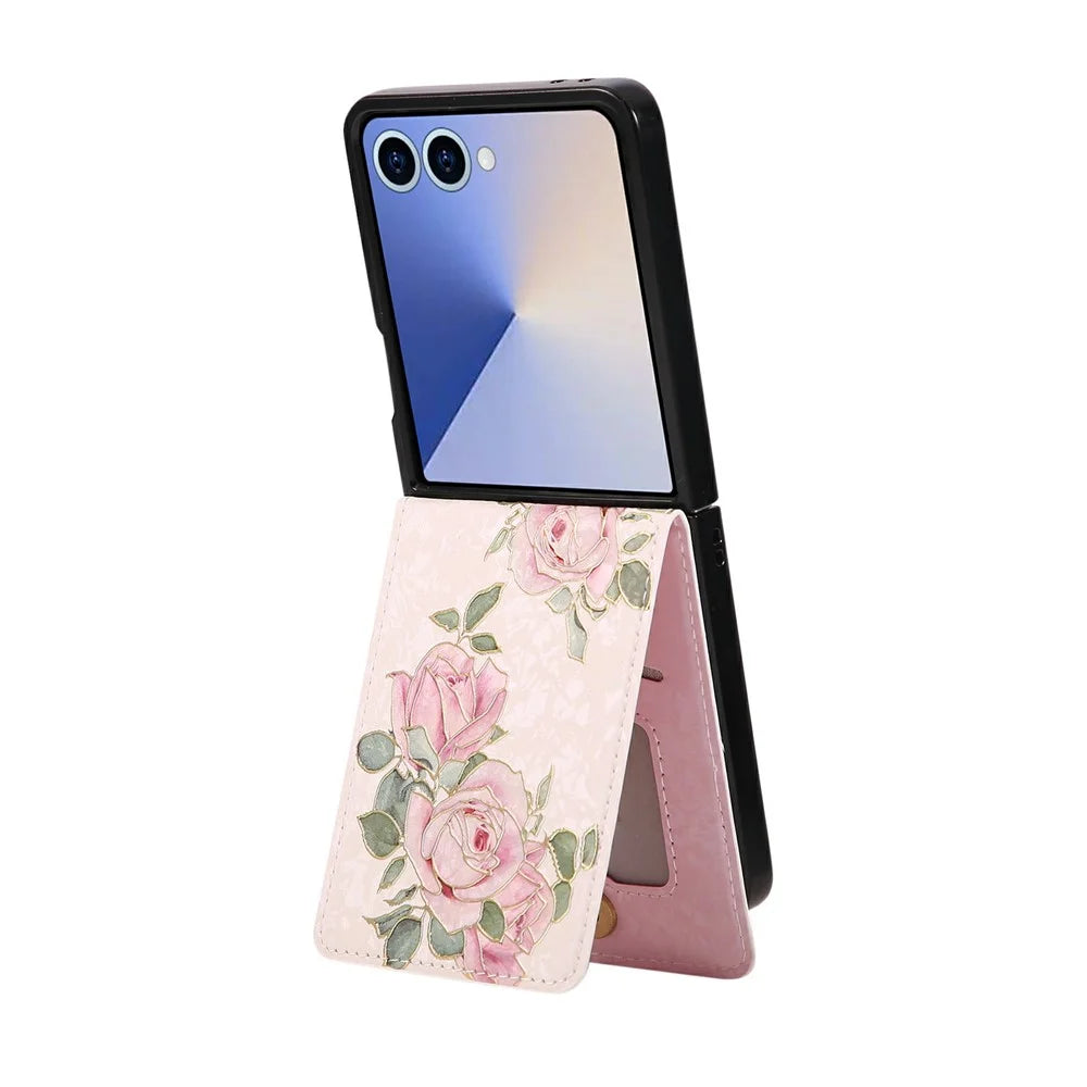 For Samsung Galaxy Z Flip7 5G Case Flower Leather PC RFID Blocking Phone Cover Card Slots - Rose Flower - 3