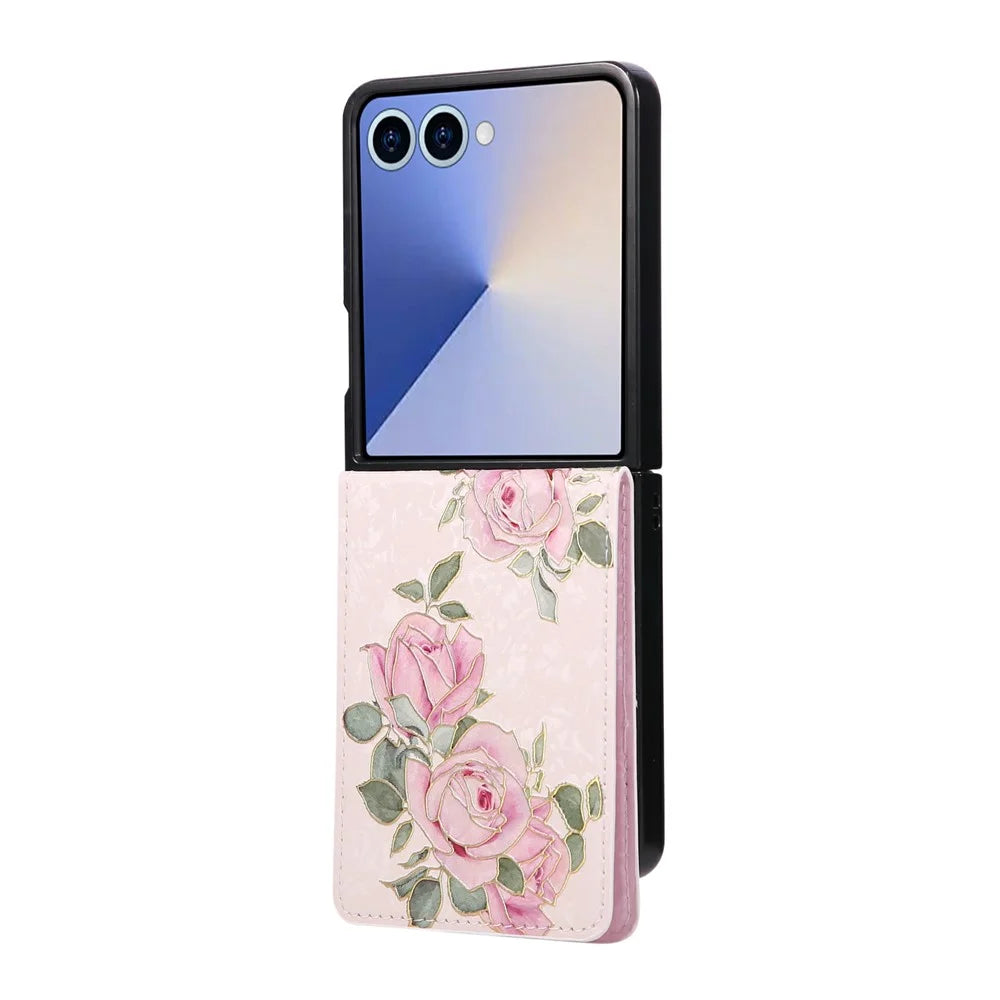 For Samsung Galaxy Z Flip7 5G Case Flower Leather PC RFID Blocking Phone Cover Card Slots - Rose Flower - 5