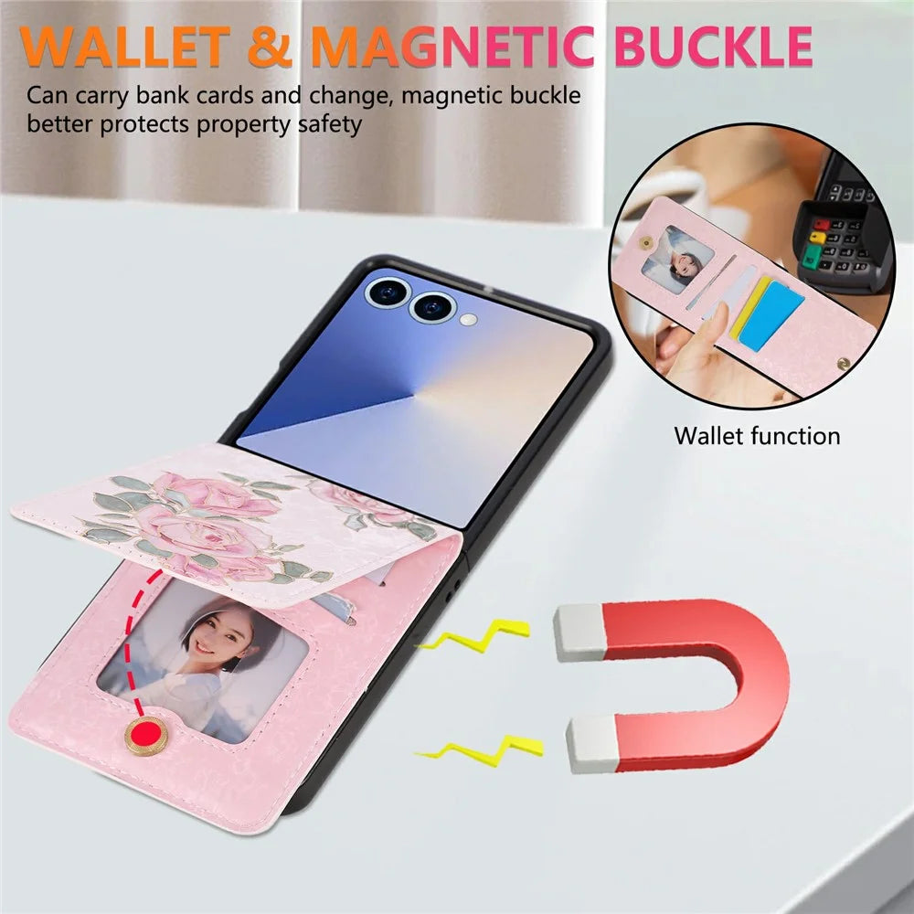 For Samsung Galaxy Z Flip7 5G Case Flower Leather PC RFID Blocking Phone Cover Card Slots - Rose Flower - 6