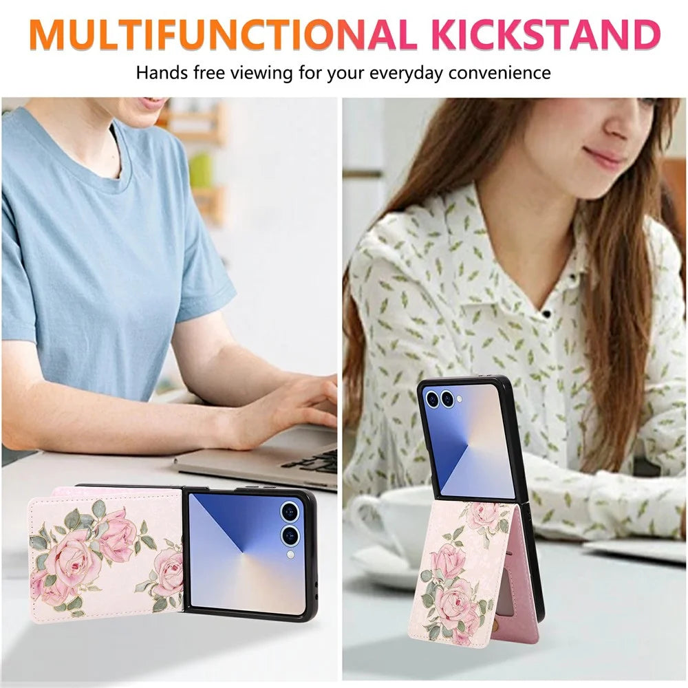 For Samsung Galaxy Z Flip7 5G Case Flower Leather PC RFID Blocking Phone Cover Card Slots - Rose Flower - 7
