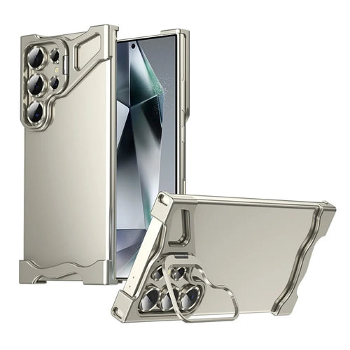 For Samsung Galaxy S23 Ultra Bumper Case Lens Kickstand Heat Dissipating Metal Corner Phone Cover - Titanium - 1