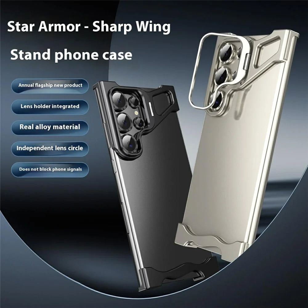 For Samsung Galaxy S23 Ultra Bumper Case Lens Kickstand Heat Dissipating Metal Corner Phone Cover - Titanium - 2