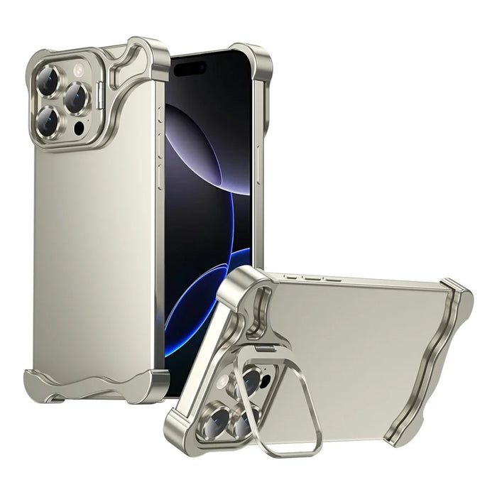 For iPhone 16 Pro Max Bumper Case Lens Kickstand Heat Dissipating Metal Corner Phone Cover - Titanium - 1