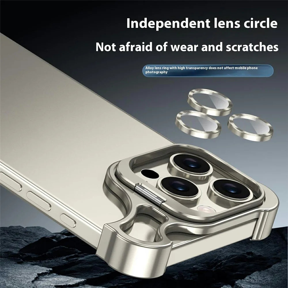For iPhone 15 Pro Bumper Case Lens Kickstand Heat Dissipating Metal Corner Phone Cover - Titanium - 5