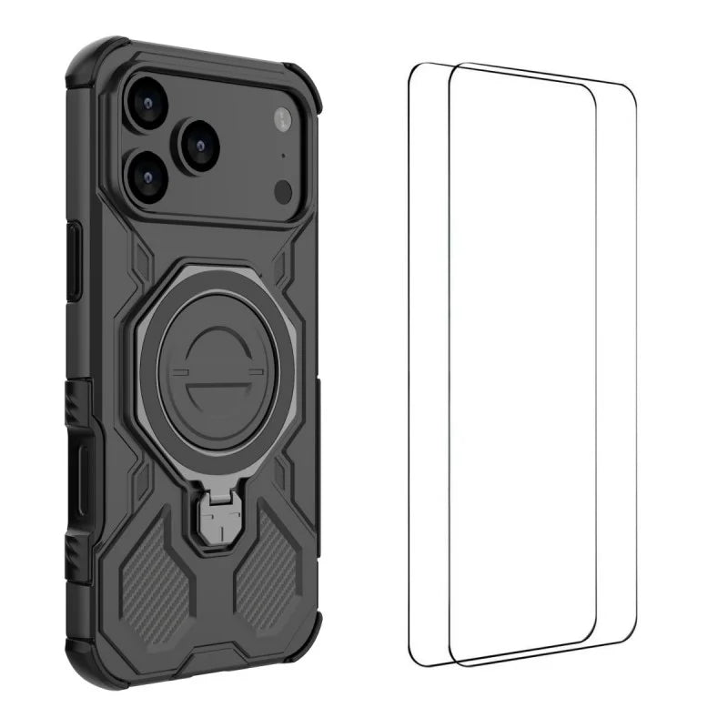 WANLONFENG For iPhone 17 Pro Max Case Kickstand with 2Pcs Screen Film  KJ Series PC TPU Phone Cover (Big Lens Hole) - Black - 1