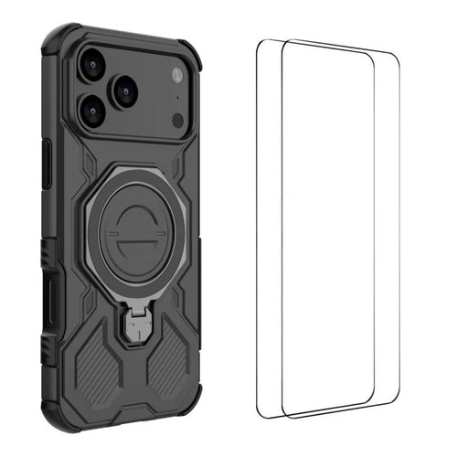 WANLONFENG For iPhone 17 Pro Max Case Kickstand with 2Pcs Screen Film  KJ Series PC TPU Phone Cover (Big Lens Hole) - Black - 1