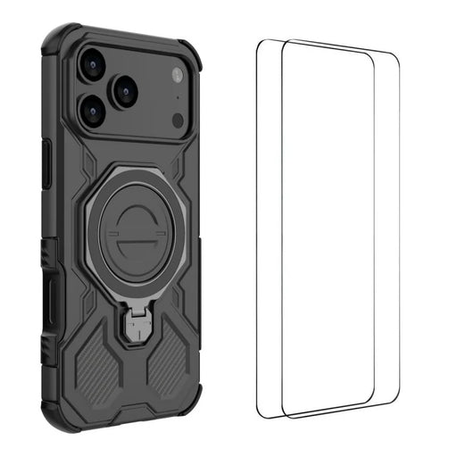 WANLONFENG For iPhone 17 Pro Max Case Kickstand with 2Pcs Screen Film  KJ Series PC TPU Phone Cover (Big Lens Hole) - Black - 1