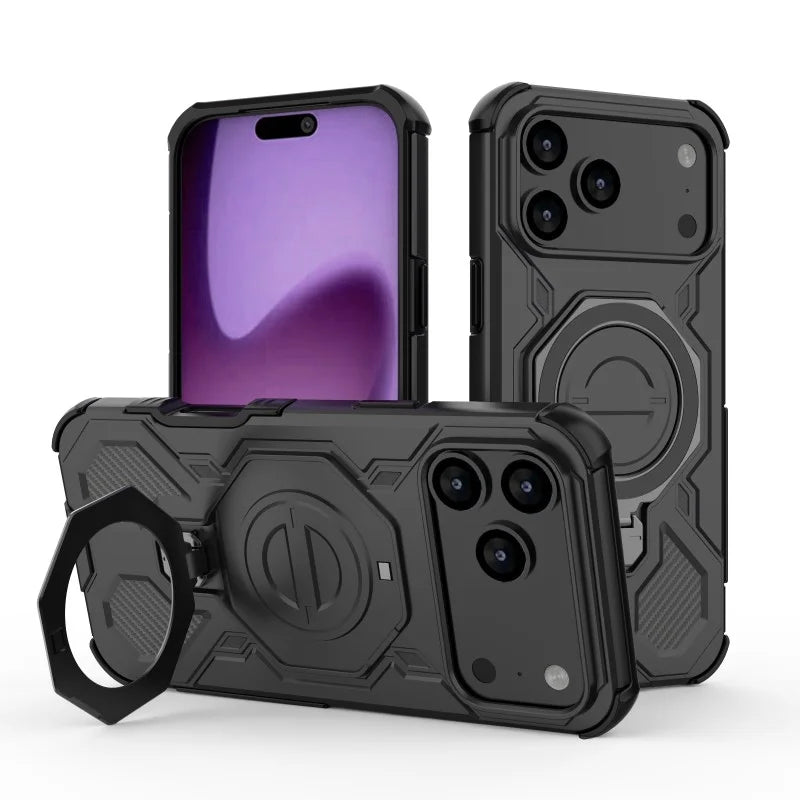 WANLONFENG For iPhone 17 Pro Max Case Kickstand with 2Pcs Screen Film  KJ Series PC TPU Phone Cover (Big Lens Hole) - Black - 3