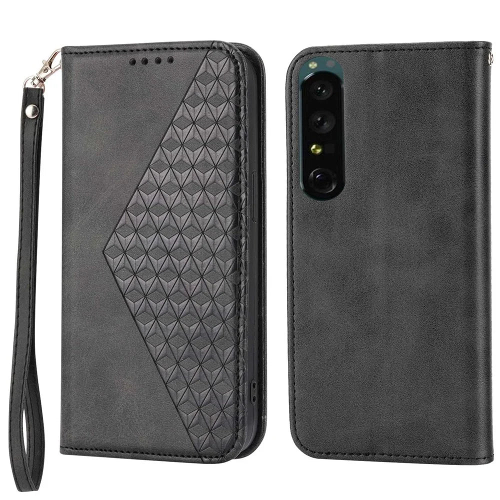 For Sony Xperia 1 IV 5G Imprinted Rhombus Pattern Calf Texture PU Leather Case Stand Wallet Auto Closing Magnetic Phone Cover with Strap - Black - 1