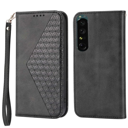 For Sony Xperia 1 IV 5G Imprinted Rhombus Pattern Calf Texture PU Leather Case Stand Wallet Auto Closing Magnetic Phone Cover with Strap - Black - 1