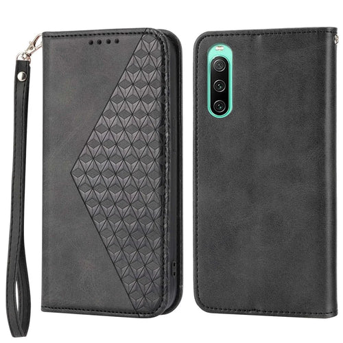 For Sony Xperia 10 IV 5G Calf Texture PU Leather Case Stand Wallet Imprinted Rhombus Pattern Magnetic Phone Cover with Strap - Black - 1
