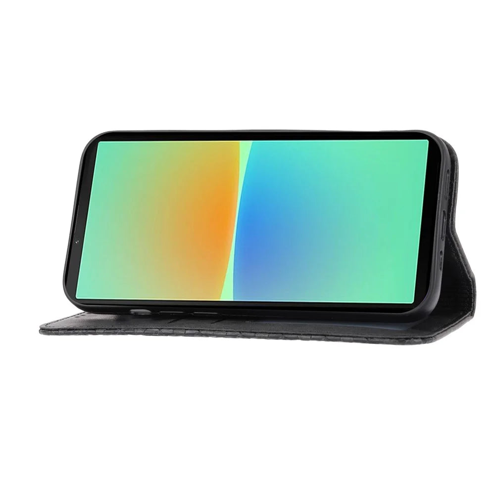 For Sony Xperia 10 IV 5G Calf Texture PU Leather Case Stand Wallet Imprinted Rhombus Pattern Magnetic Phone Cover with Strap - Black - 2
