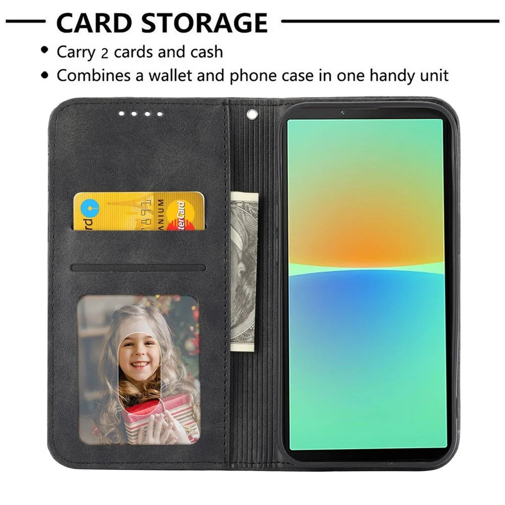 For Sony Xperia 10 IV 5G Calf Texture PU Leather Case Stand Wallet Imprinted Rhombus Pattern Magnetic Phone Cover with Strap - Black - 3