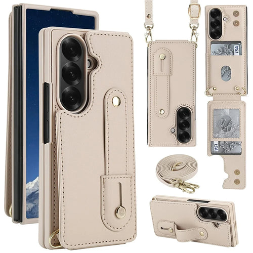 For Samsung Galaxy Z Fold6 5G Case Kickstand Card Slots Leather Coated TPU Cover with Shoulder Strap - Beige - 1