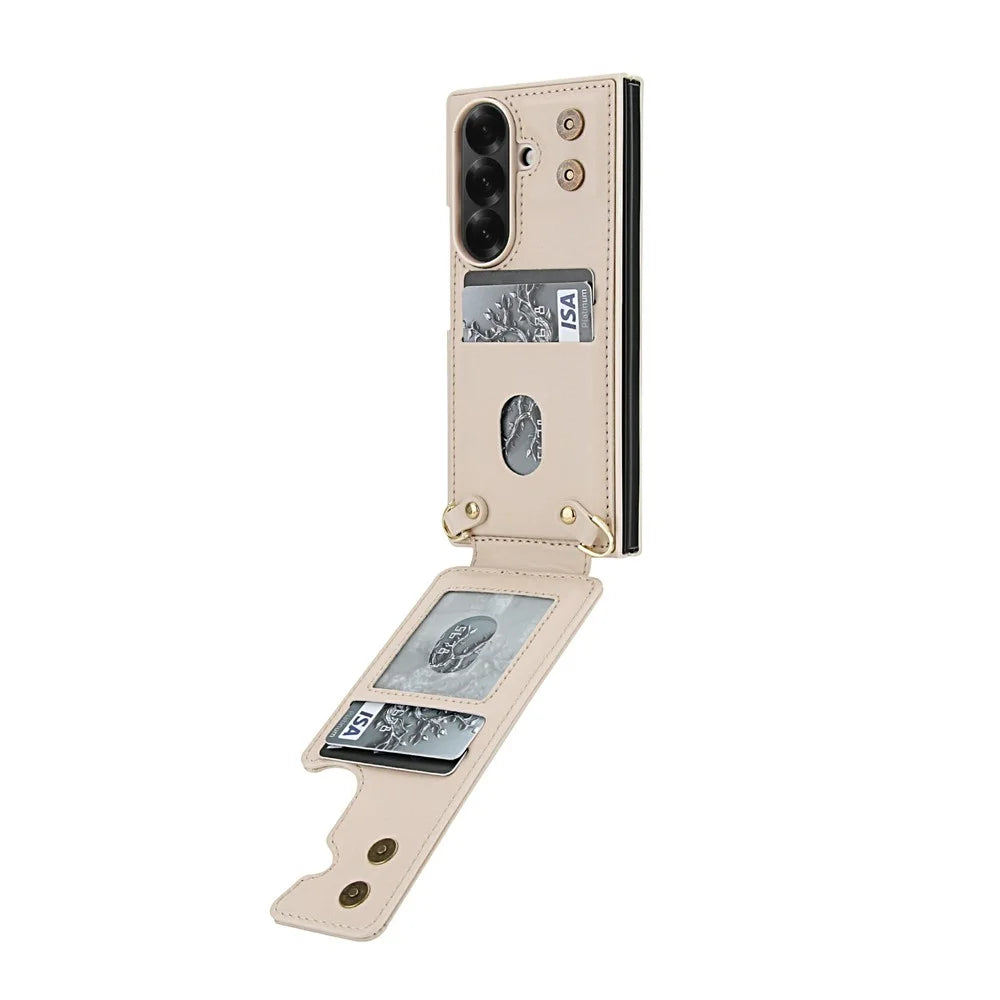 For Samsung Galaxy Z Fold6 5G Case Kickstand Card Slots Leather Coated TPU Cover with Shoulder Strap - Beige - 3