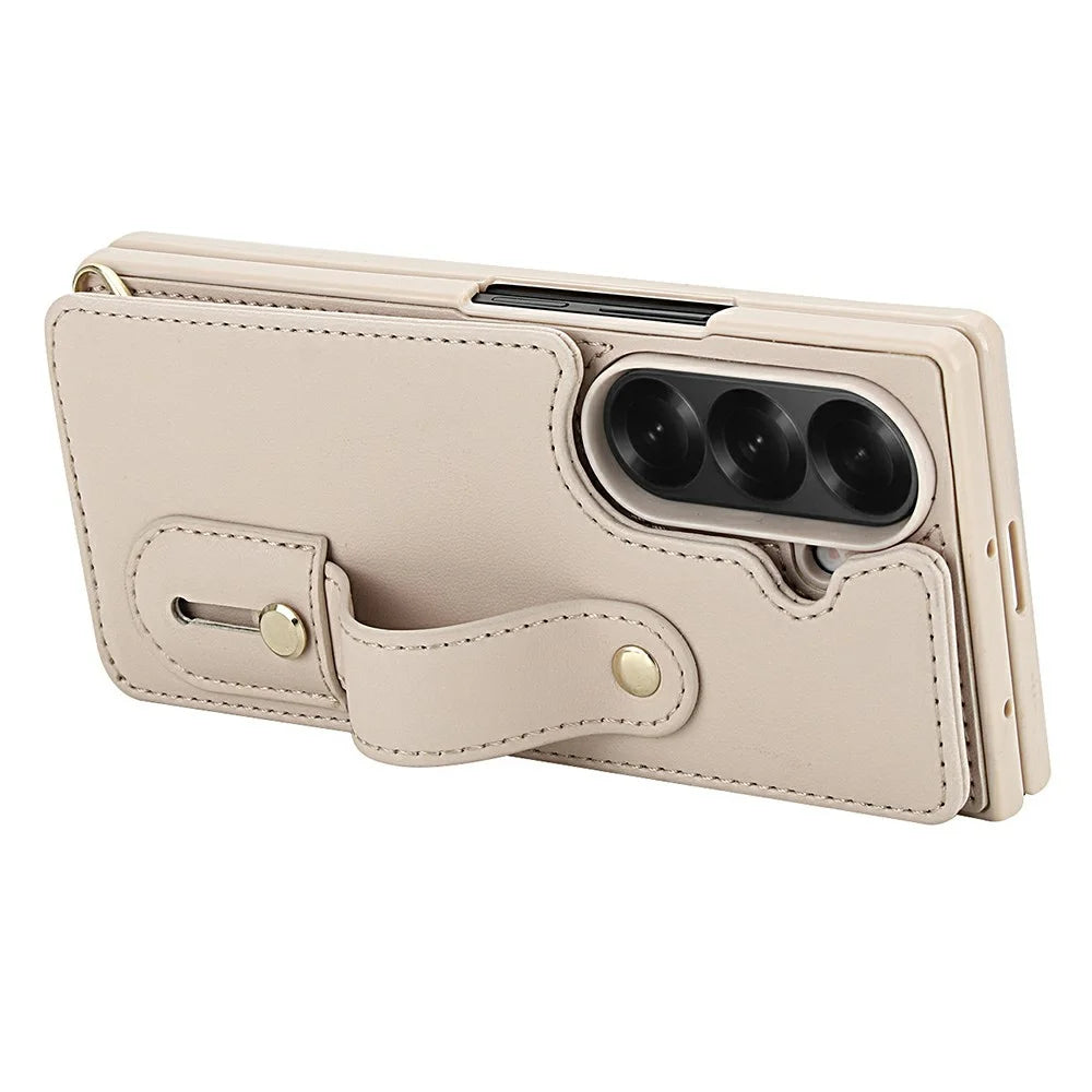 For Samsung Galaxy Z Fold6 5G Case Kickstand Card Slots Leather Coated TPU Cover with Shoulder Strap - Beige - 4