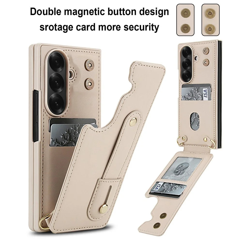 For Samsung Galaxy Z Fold6 5G Case Kickstand Card Slots Leather Coated TPU Cover with Shoulder Strap - Beige - 6