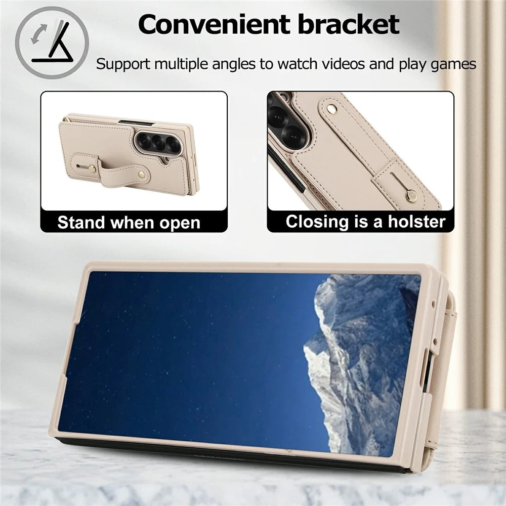 For Samsung Galaxy Z Fold6 5G Case Kickstand Card Slots Leather Coated TPU Cover with Shoulder Strap - Beige - 7