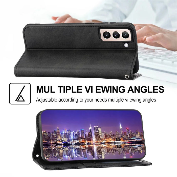 For Samsung Galaxy S22+ 5G Calf Texture PU Leather Imprinted Rhombus Pattern Case Phone Wallet Stand Cover with Strap - Black - 4