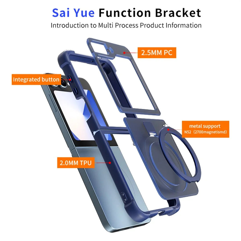For Samsung Galaxy Z Flip6 5G / Flip5 5G Magnetic Case Anti Drop TPU + PC Kickstand Phone Back Cover - Dark Blue - 3