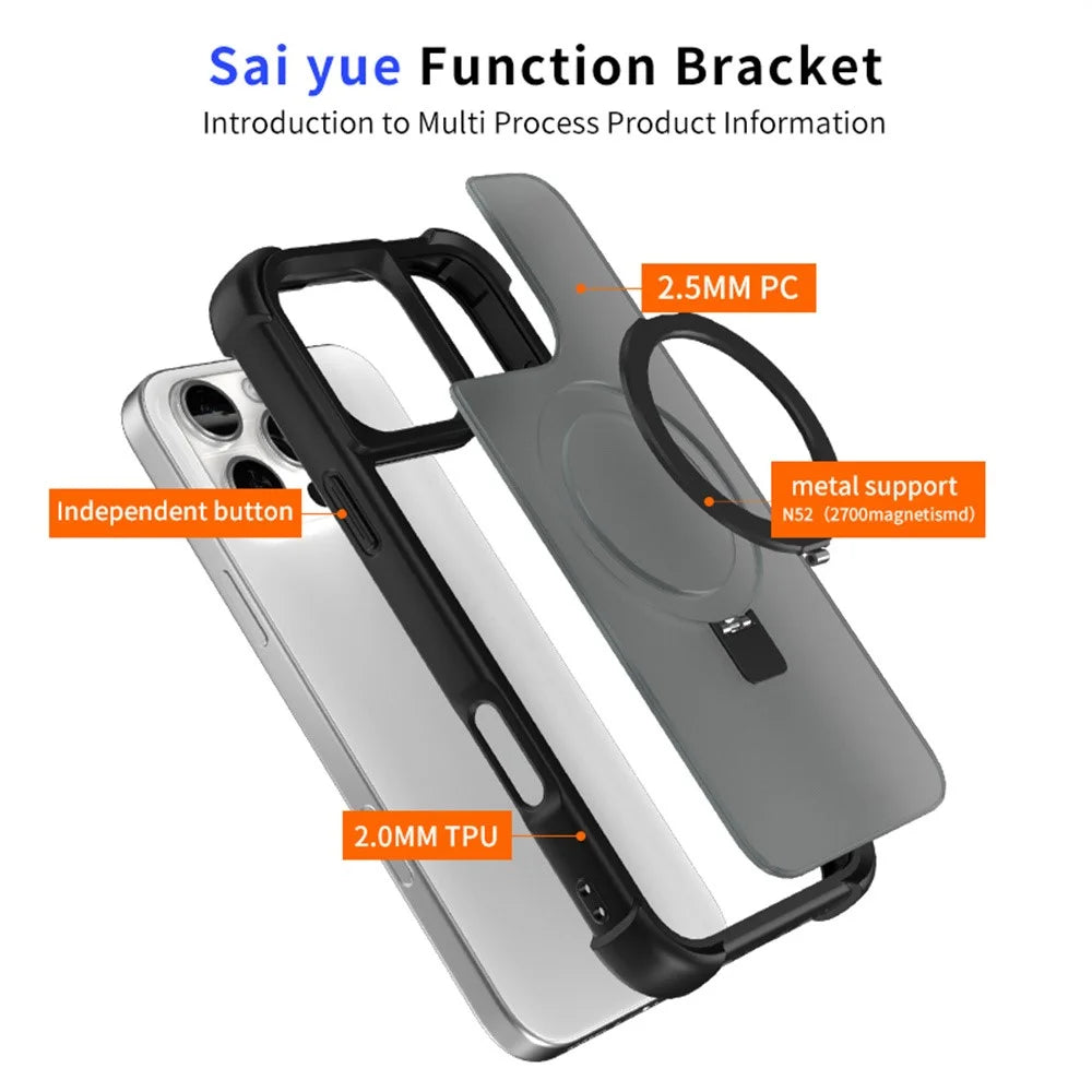 For iPhone 16 Pro Max Magnetic Case Anti Drop TPU + PC Kickstand Phone Back Cover - Grey - 3