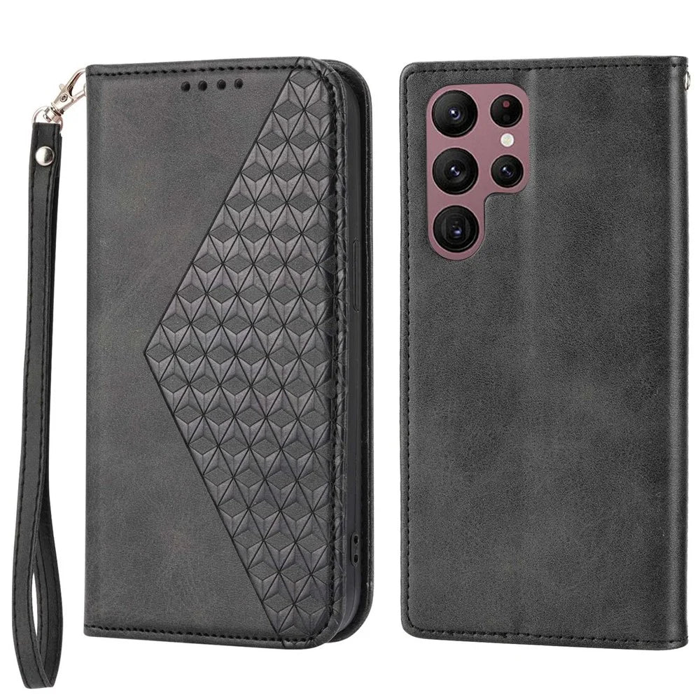For Samsung Galaxy S22 Ultra 5G Calf Texture Wallet Stand Phone Case PU Leather Imprinted Rhombus Pattern Cover with Strap - Black - 1