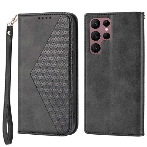 For Samsung Galaxy S22 Ultra 5G Calf Texture Wallet Stand Phone Case PU Leather Imprinted Rhombus Pattern Cover with Strap - Black - 1