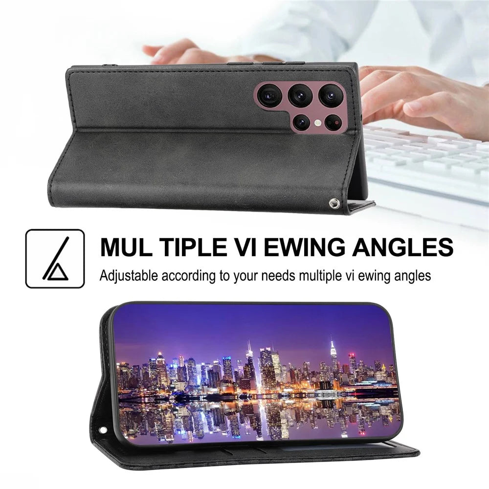 For Samsung Galaxy S22 Ultra 5G Calf Texture Wallet Stand Phone Case PU Leather Imprinted Rhombus Pattern Cover with Strap - Black - 4