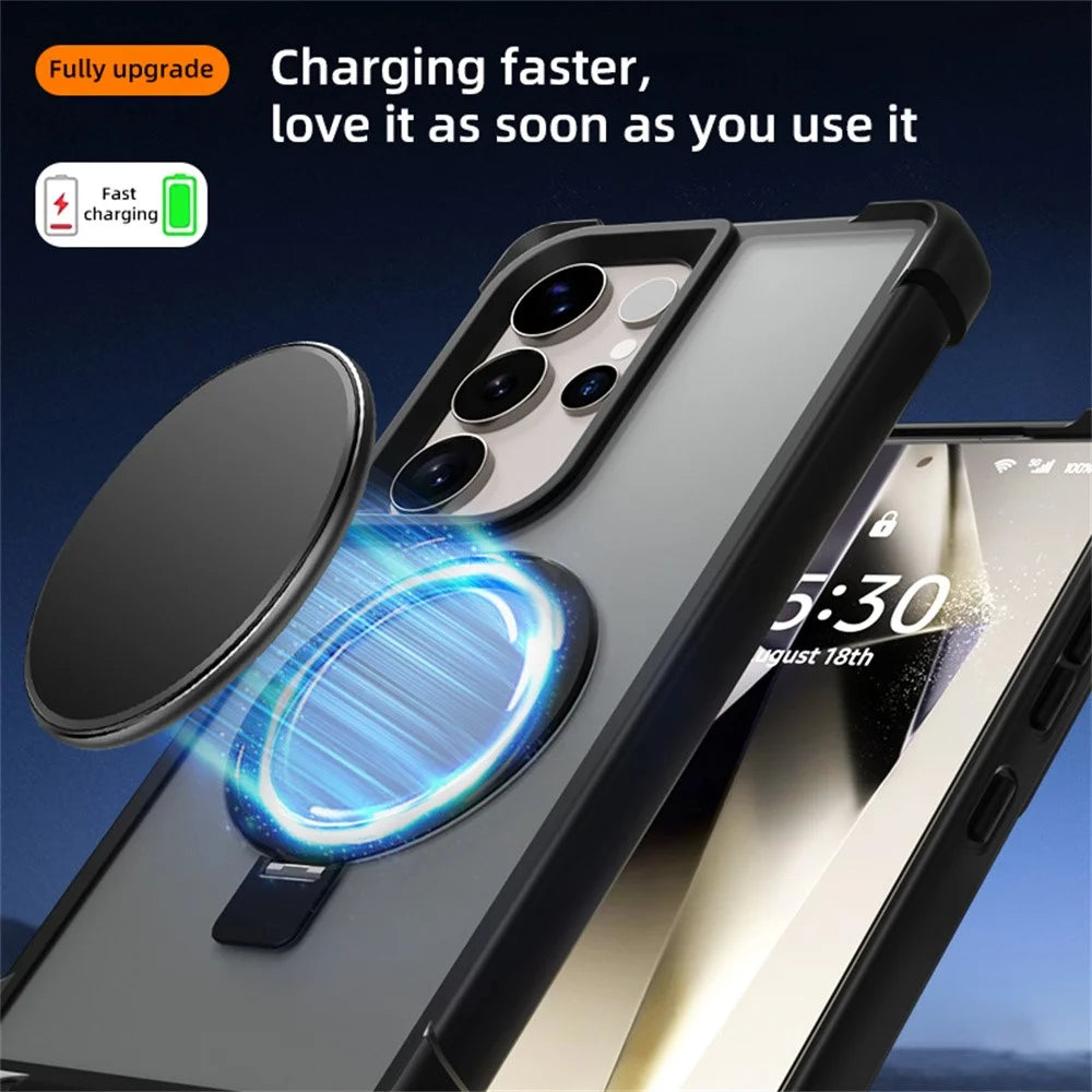 For Samsung Galaxy S23 Ultra Magnetic Case Anti Drop TPU + PC Kickstand Phone Back Cover - Black - 7