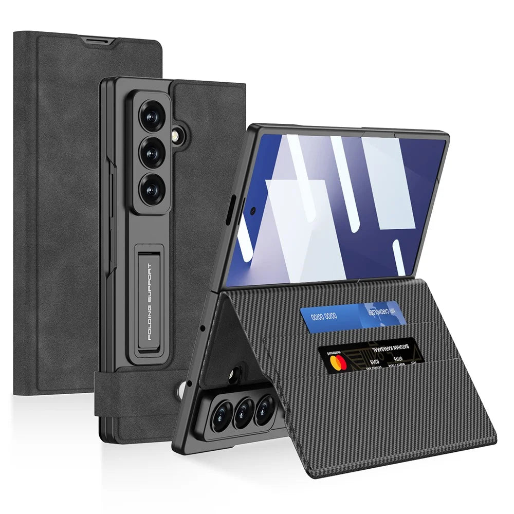 GKK For Samsung Galaxy Z Fold7 5G Case Matte PU + PC + Tempered Glass Wallet Phone Cover with Stand - Black - 1
