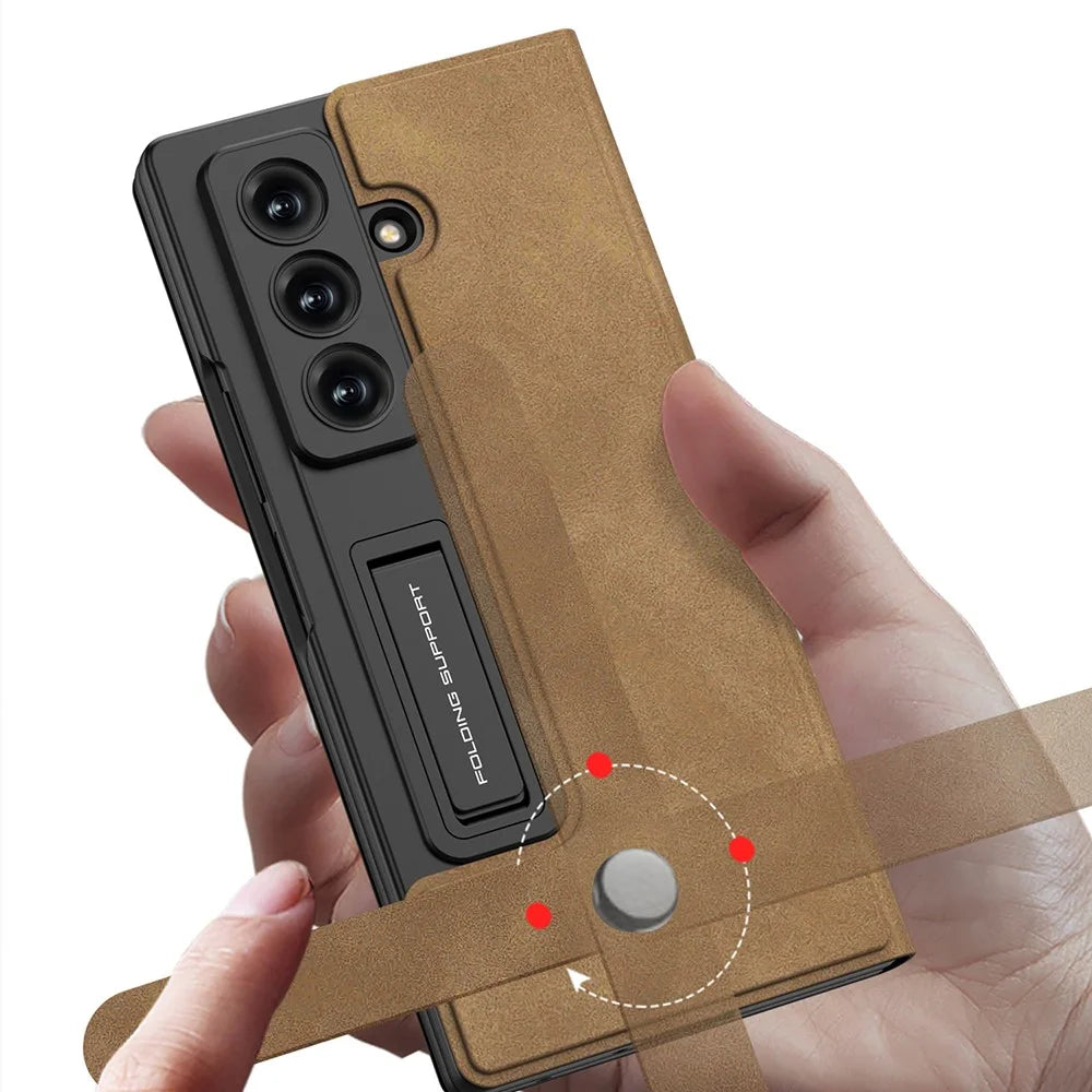 GKK For Samsung Galaxy Z Fold7 5G Case Matte PU + PC + Tempered Glass Wallet Phone Cover with Stand - Black - 7