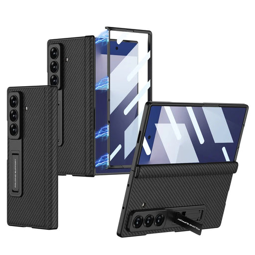 GKK For Samsung Galaxy Z Fold7 5G Case with Kickstand Hinge Protection PC + Tempered Glass Phone Cover - Carbon Fiber Texture - 1