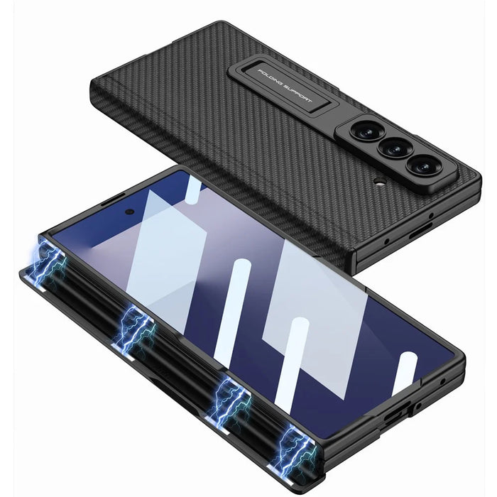 GKK For Samsung Galaxy Z Fold7 5G Case with Kickstand Hinge Protection PC + Tempered Glass Phone Cover - Carbon Fiber Texture - 3