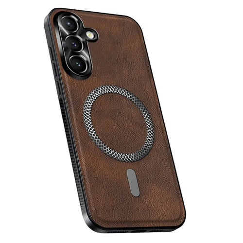For Samsung Galaxy S24 Magnetic Case PU TPU PC Phone Back Cover with Metal Lens Frame - Brown - 1