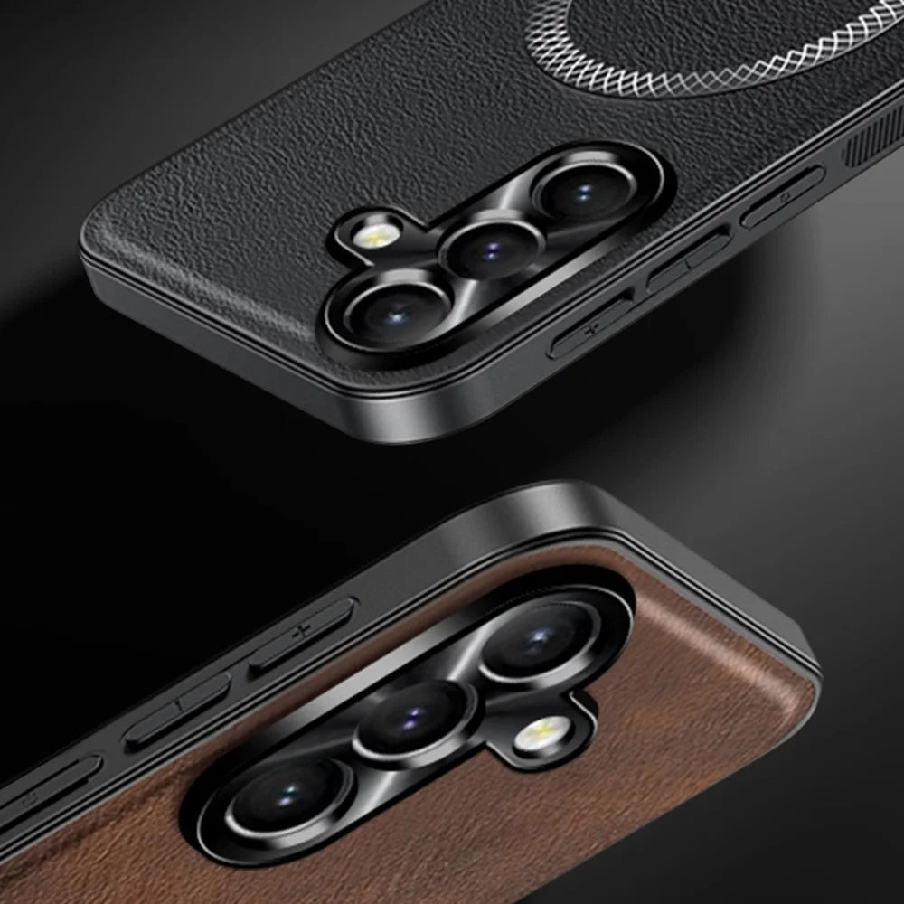 For Samsung Galaxy S24 Magnetic Case PU TPU PC Phone Back Cover with Metal Lens Frame - Brown - 4