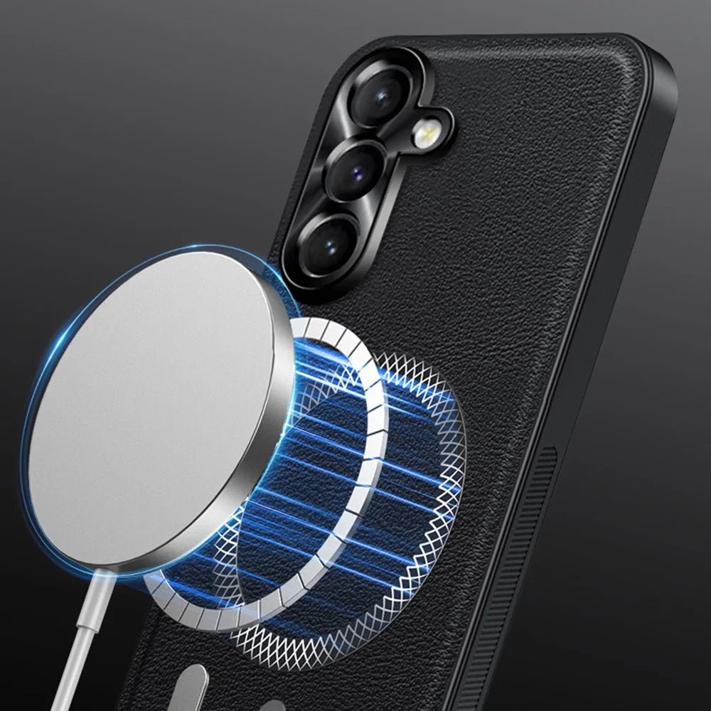 For Samsung Galaxy S24+ Case Magnetic Case PU TPU PC Phone Back Cover with Metal Lens Frame - Black - 3