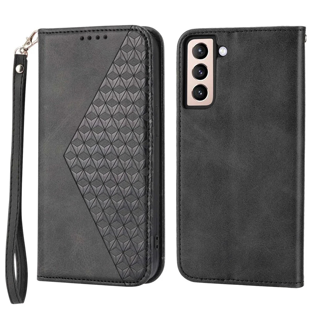 For Samsung Galaxy S22 5G Imprinted Rhombus Pattern Wallet Stand Phone Case Calf Texture PU Leather Shockproof Cover with Strap - Black - 1