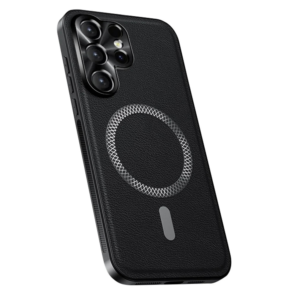 For Samsung Galaxy S24 Ultra Magnetic Case PU TPU PC Phone Back Cover with Metal Lens Frame - Black - 1