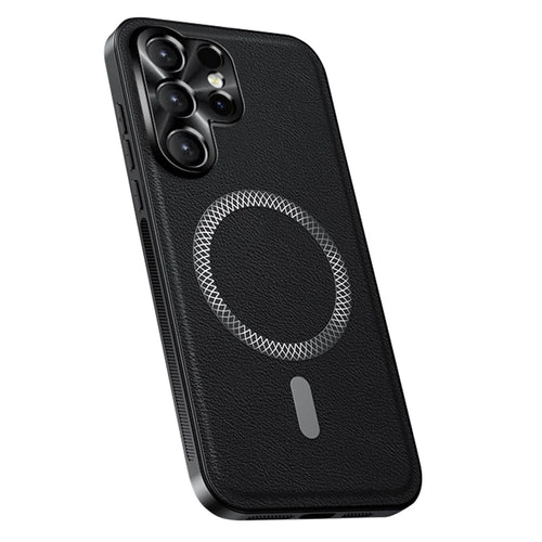 For Samsung Galaxy S24 Ultra Magnetic Case PU TPU PC Phone Back Cover with Metal Lens Frame - Black - 1